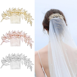 Vintage Alloy Faux Artificial Pearl Leaf Bridal Hair Comb Elegant Rhinestone Hollow Leaf Wedding Banquet Hair Accessories For Women