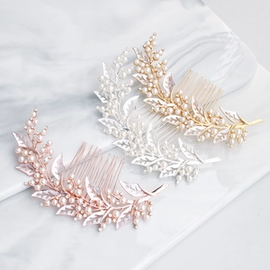 Elegant bridal hair comb set with alloy leaves and pearls in gold, silver, and rose gold