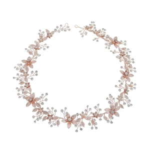 Vigne de cheveux de mariée or rose avec feuilles en métal, perles blanches et strass