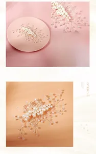 Macro detail of handmade bridal hair comb with pearls and crystals on silver wire