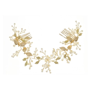 Eleganter goldener Braut-Haarkamm mit Perlen und Metallblatt-Ranken-Design für Hochzeiten