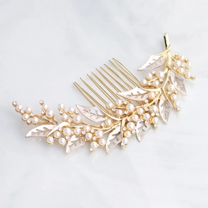 Golden leaf hair comb with pearls and rhinestones for bridal wedding hairstyles