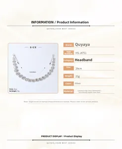 Macro detail of silver rhinestone headband showing 29cm size and 21g weight parameters