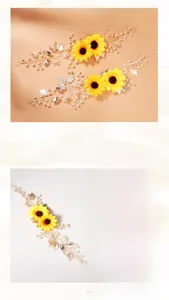Détail d'un bandeau tournesol avec perles faites main, cristaux et fil doré à feuilles