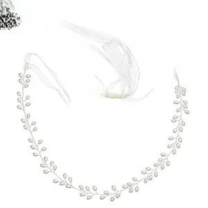 Detailed view of silver crystal bridal hair vine with white organza ribbons