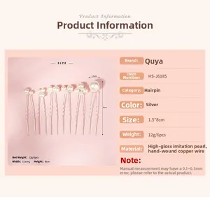 Detailed size specifications for a set of six elegant white pearl U-shaped hair pins