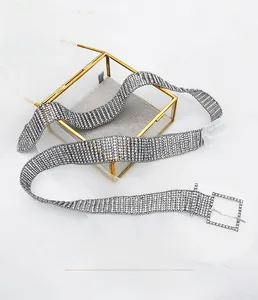 Detail of silver wedding belt featuring multi-row rhinestones and square buckle