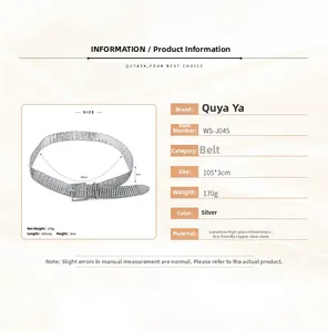Detail view of rhinestone belt specifications showing 105cm length and 3cm width details