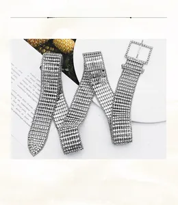 Macro shot of silver rhinestone belt featuring a full crystal paved luxury square buckle