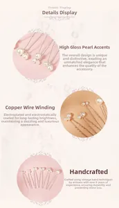Detail view of handmade gold-plated U-shaped hair pins with glossy white pearls