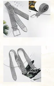 Detailed macro view of high-quality silver rhinestone belt with a square sparkling buckle