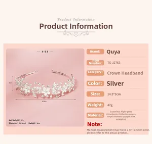 Detail showing bridal crown dimensions 14.5x3cm with rhinestones and white acrylic flowers