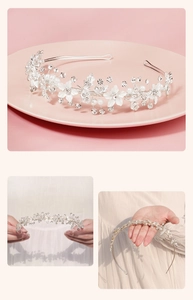 Close-up of handmade bridal headband featuring silver alloy flowers with pearls and crystals