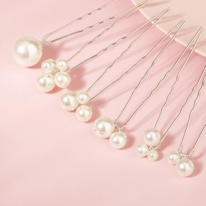 6-piece set of elegant white pearl hair pins with silver U-shaped metal wave clips