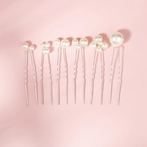 Set of 6 minimalist silver U-shaped hair pins with elegant white pearls for hairstyling