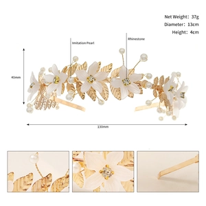 Detail of floral bridal headband showing golden leaves and size specs at 13cm diameter