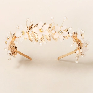 Elegant bridal floral headband with white petals, pearls and crystals on gold base