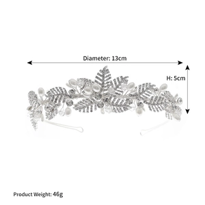 Detail view of bridal silver leaf headband showing 13cm diameter and 5cm height dimensions