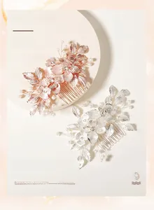 Close-up of handmade bridal hair combs with pearls and rhinestones in rose gold and silver