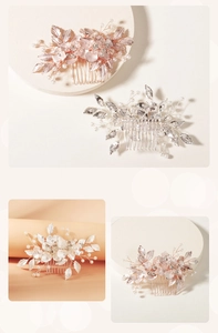 Detail of handmade flower hair comb with pearls and rhinestones for bridal hairstyles