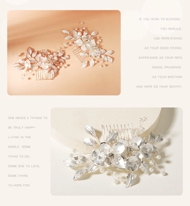 Detail of elegant floral hair comb set with metallic leaves and white pearls for bridal style
