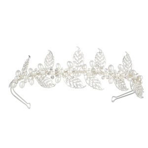 Vintage bridal headband with silver alloy flowers, pearls and rhinestones for weddings