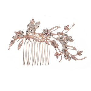 Luxurious rose gold vine bridal hair comb featuring elegant marquise rhinestone leaves