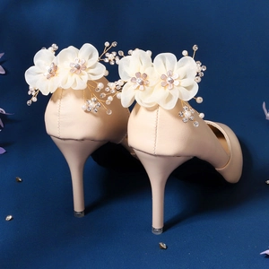 Elegant beige high heels with handmade organza flowers, pearls and rhinestones