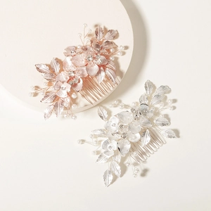 Floral bridal hair combs with pearls, rhinestones and metal leaves in rose gold and silver
