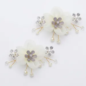 Exquisite bridal white tulle flower clips with pearls and rhinestones in a pair