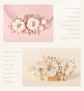 Close-up of floral hair comb with white enamel petals, pearls and crystals in gold finish