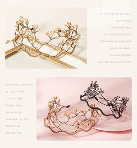 Detailed macro view of handmade crystal beaded branch headband in gold and purple