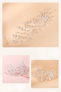 Detail of silver bridal leaf headband with sparkling marquise crystals and tiny flowers