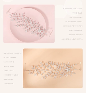 Macro detail of silver bridal headband with crystals and zircons in leaf design