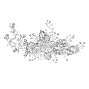 Elegant bridal hair comb with silver floral leaf design, pearls and crystals