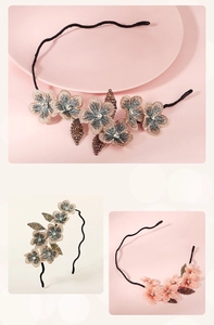 Detailed macro view of handmade embroidered floral headband with beads and rhinestones
