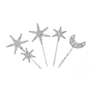 Elegant 5-piece silver star and moon hair clip set with sparkling rhinestones for women
