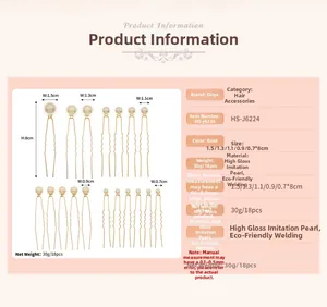 Detailed size guide for 18pcs gold pearl U-shaped hair pins ranging from 0.7cm to 1.5cm