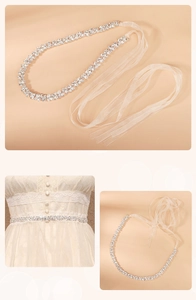 Vue détaillée d'une ceinture de mariée en strass avec d'élégants rubans de soie blancs