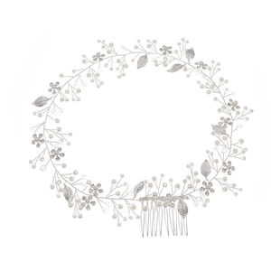 Elegant bridal hair comb with silver floral leaves, white pearls and crystal beads