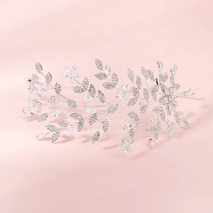 Luxury silver bridal headband with sparkling zircon flower and crystal leaf motifs