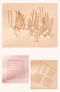 Detailed set of gold U-shaped hair pins with white pearls in various sizes and wave design