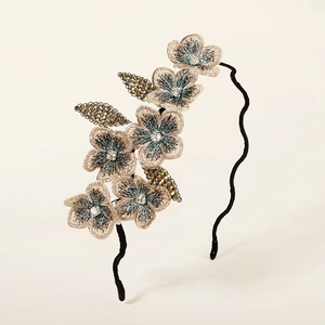 French Retro Handmade 3D Embroidered Flower Headband Floral Hair Hoop With Rhinestones Beaded Leaf For Women Jewelry Gift