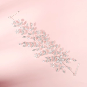 Baroque bridal headband with silver zircon floral leaves and sparkling crystal rhinestones