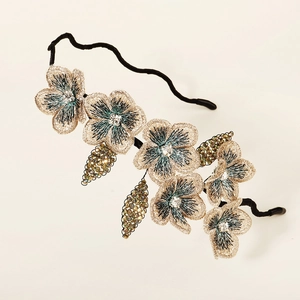French vintage style handmade headband with 3D embroidery flowers and beaded leaves