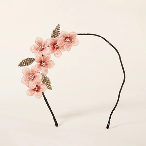 French retro headband with handmade beaded green leaves and pink embroidered flowers