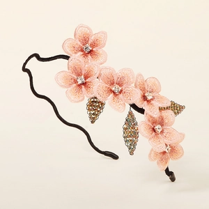 French vintage headband with pink embroidered flowers and beaded charms for women