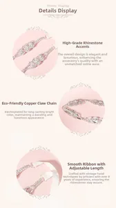 Détails du motif en strass de cristal, structure en cuivre et fermeture ruban blanc