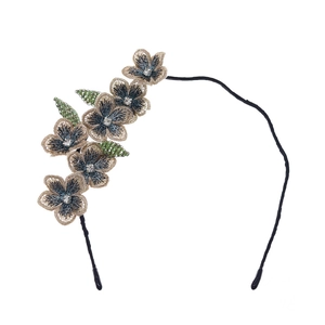 Handmade embroidered floral headband with beads and crystal accents on black base