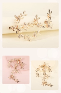 Detail of golden leaf hair clip with elegant white pearls and sparkling rhinestones